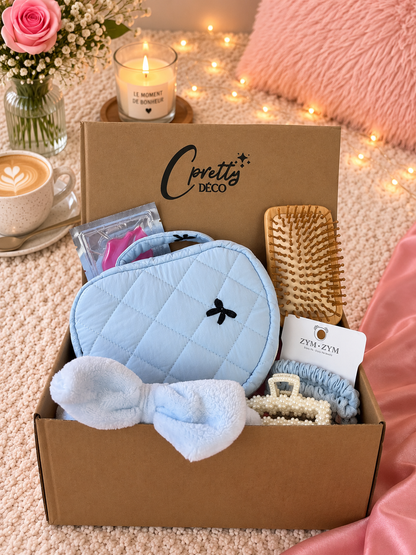 Coffret cadeau femme personnalisé – Trousse et accessoires bleus
